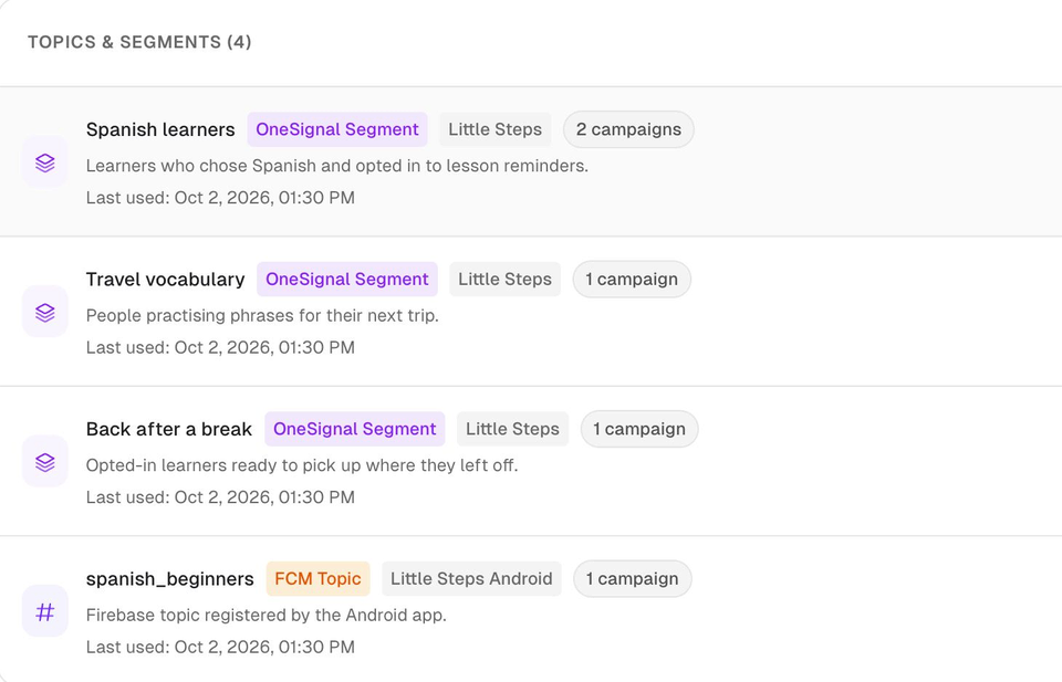 PushPilot audience screen listing Firebase topics and OneSignal segments