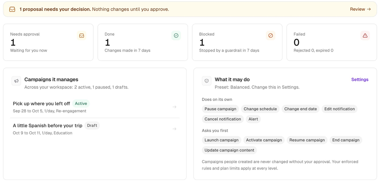 PushPilot Autopilot overview showing its current state and campaign activity