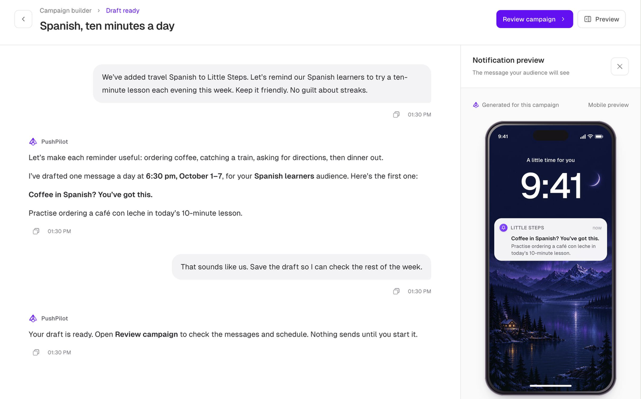 The actual PushPilot campaign builder, with a travel Spanish campaign conversation and notification phone preview