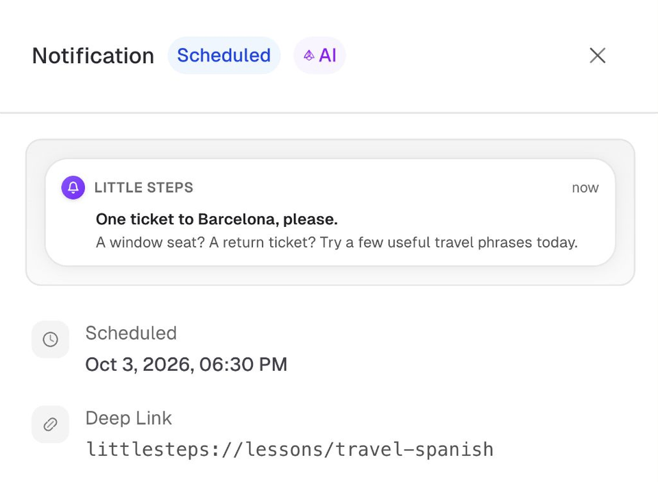 The actual PushPilot notification detail drawer showing the message preview, scheduled time, and destination