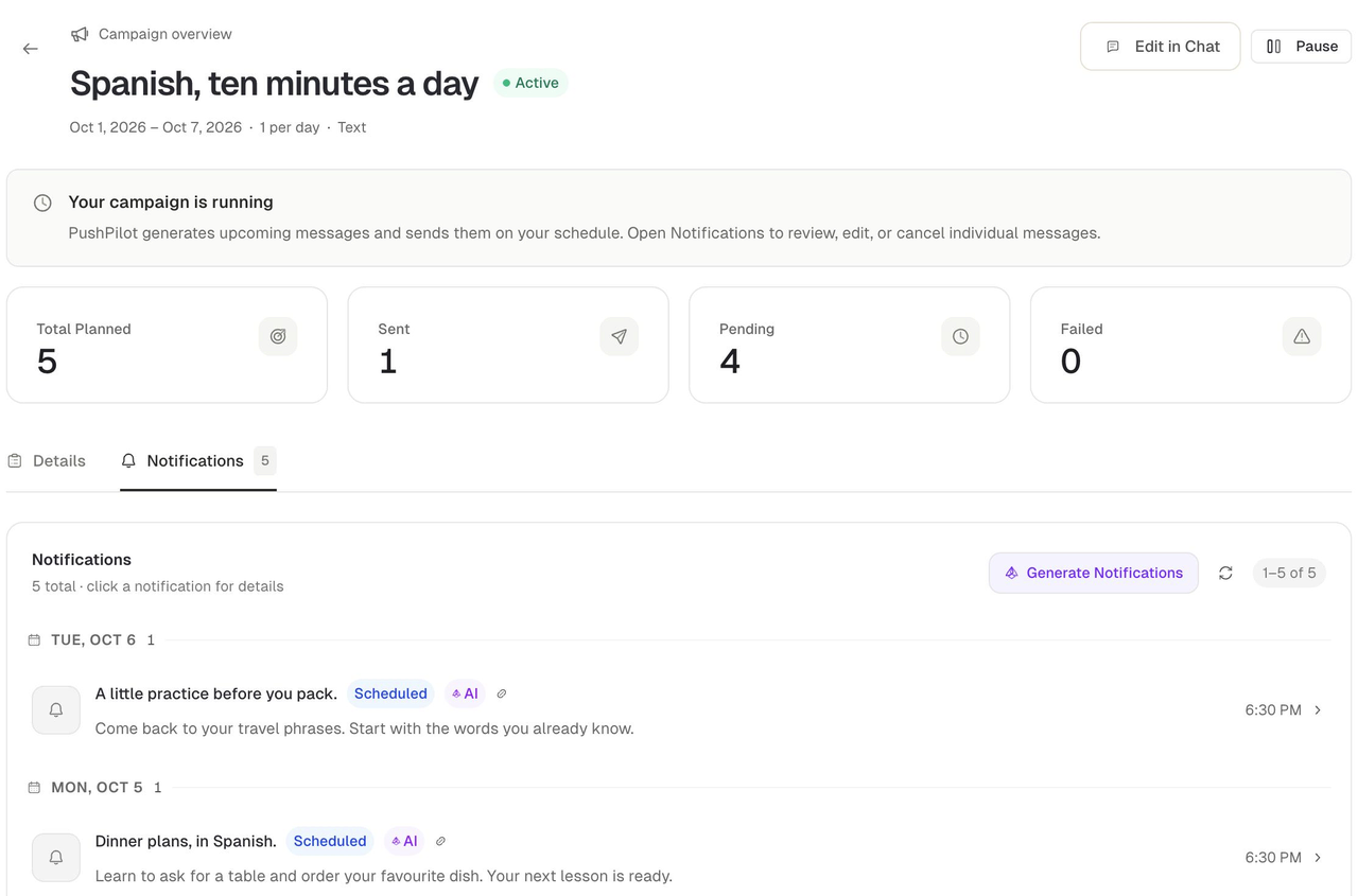 PushPilot campaign details with schedule, editable notifications and delivery status